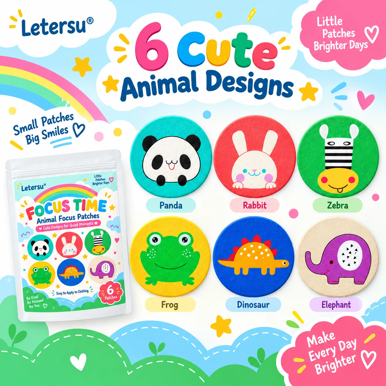 6PCS Focus Patches for Kids Cute Animal Clothing Stickers Easy Apply Cartoon Patches for School Study Quiet Time Daily Use