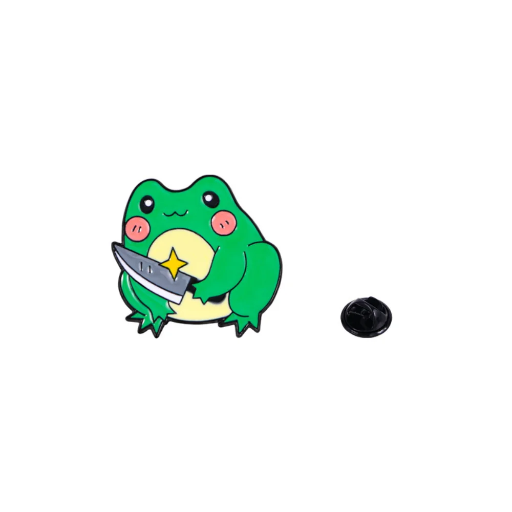 Ridiculous and Humorous Wielding A Knife Frog Pin Cute Green Frog Wielding Blade Fun Badge Clothing Bag Decoration