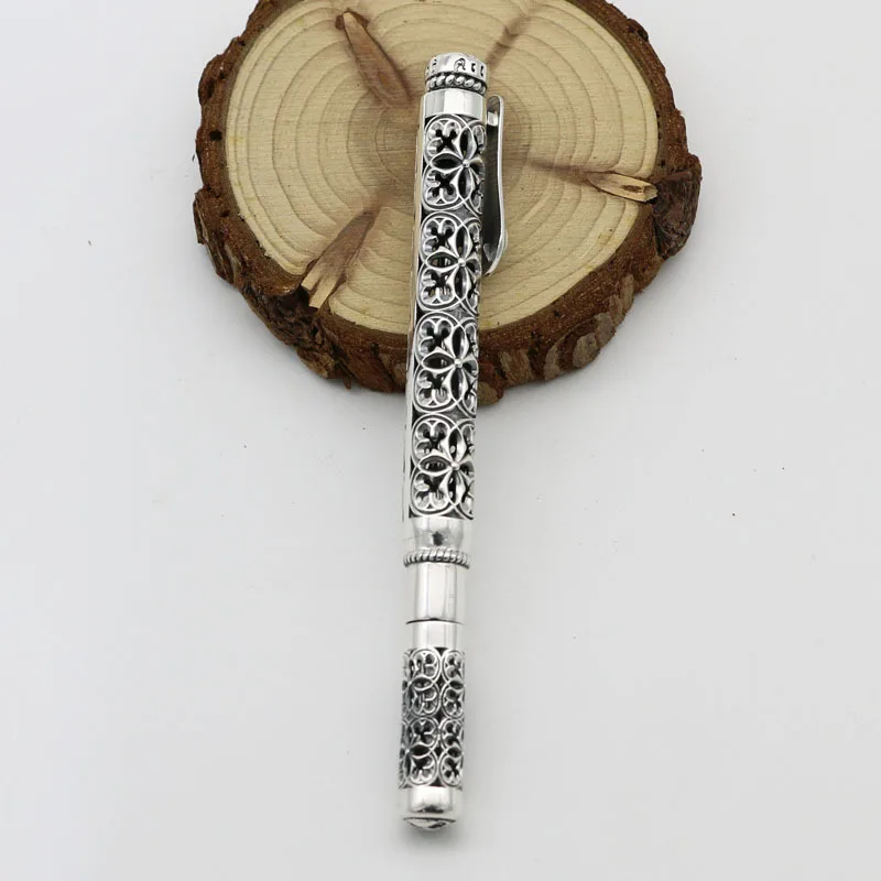 High grade office stationery accessories 925 sterling silver personalized signature pen Vintage hollowed out cherry blossom ball