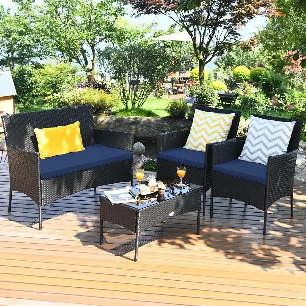 4-Piece Outdoor Wicker Patio Furniture Set with Tempered Glass Coffee Table, Loveseat and Chairs, Navy Cushions