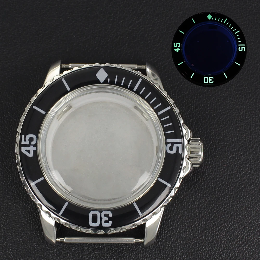 Silver NH35 Cases 45MM 100m Waterproof Watch Case Luminous Bezel For 50 FATHOMS NH35 NH36 NH34/38 Movement Watch MOD Accessories