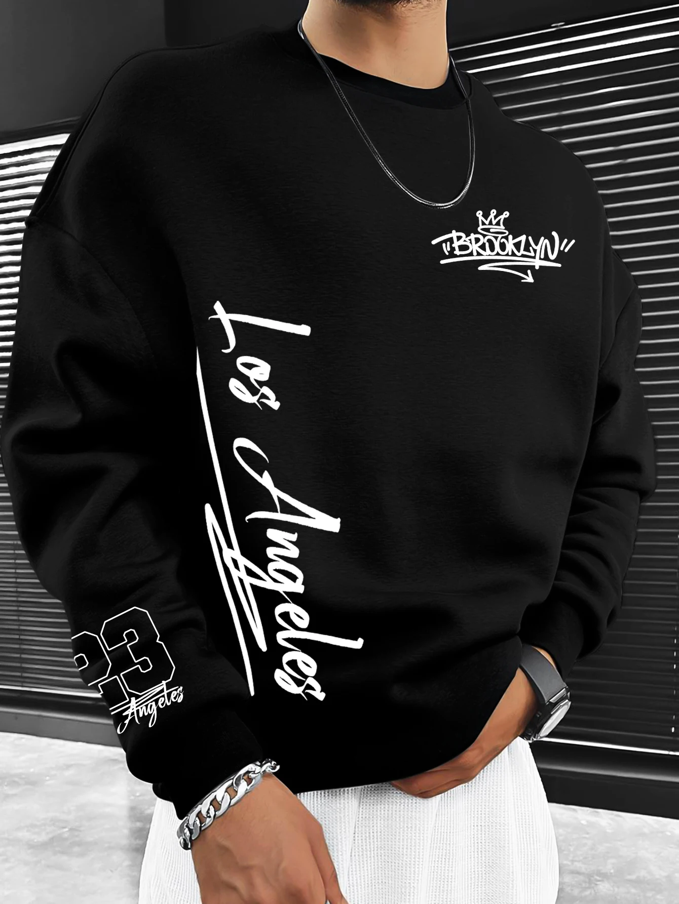 Oversized Drop Shoulder Men Sweatshirt, Brooklyn Crown & Los Angeles Script Text Print Pullover