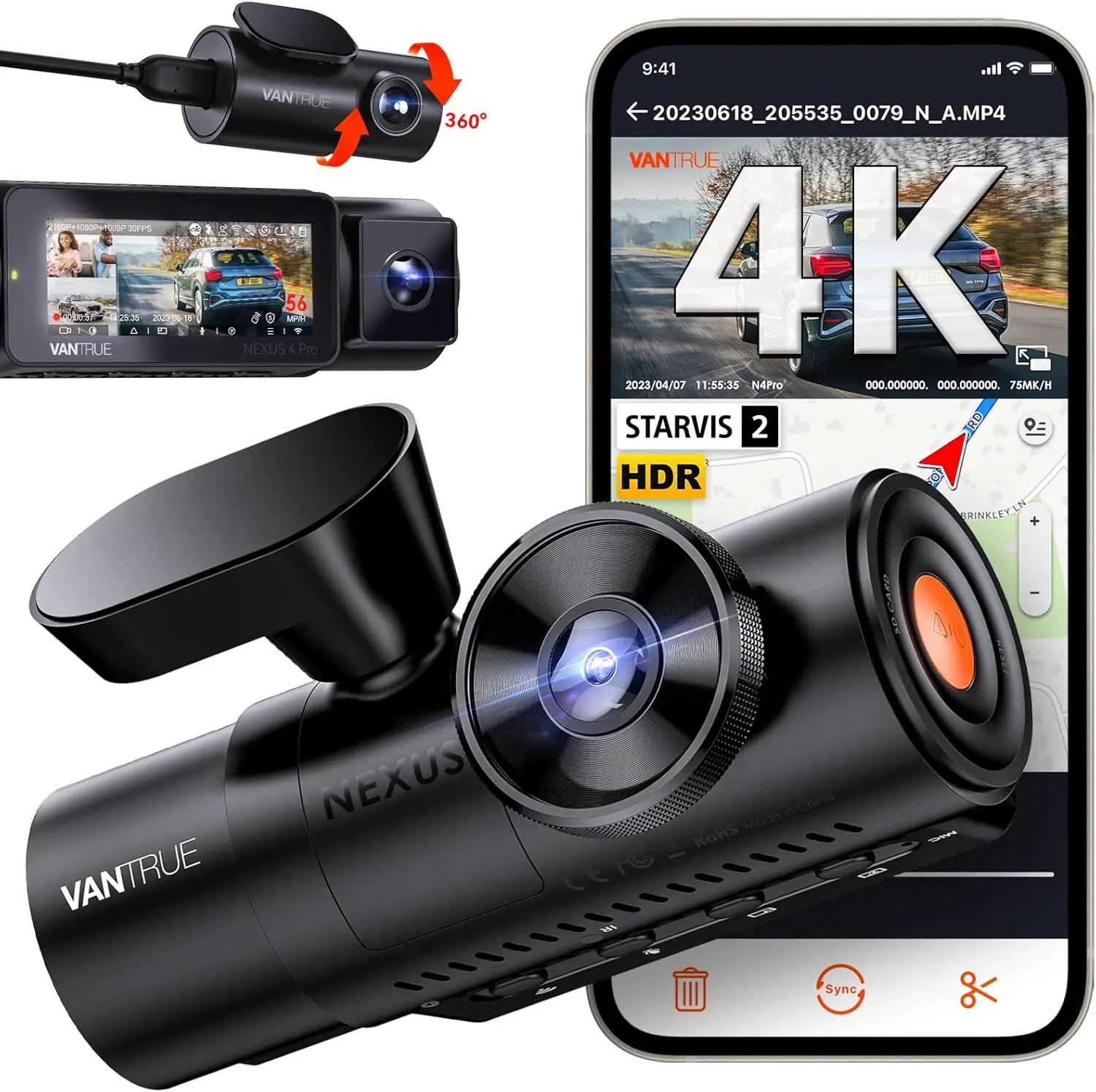 

N4 Pro 3 Channel 4K WiFi Dash Cam, 2 IMX678 Night Vision, 4K+1080P+1080P Front Inside and Rear Triple Car Camera