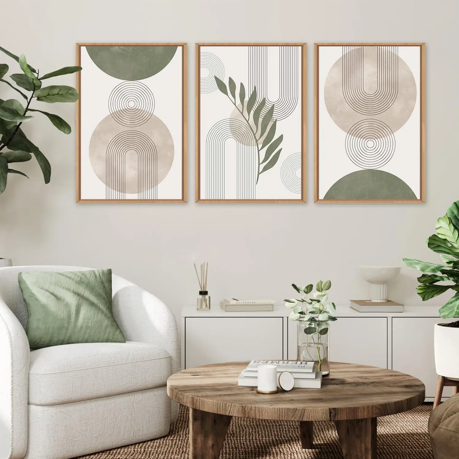 

3Pcs/Set Sage Green Canvas Poster Printed Wall Abstract Plant Bohemian Geometric Line Leaf Modern Bedroom Home Decor Frameless