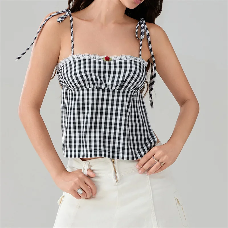 Women's Crop Camisole Slim Plaid Lace Trim Square Neck Open Back Shirred Tie-Up Spaghetti Strap Tops for Summer