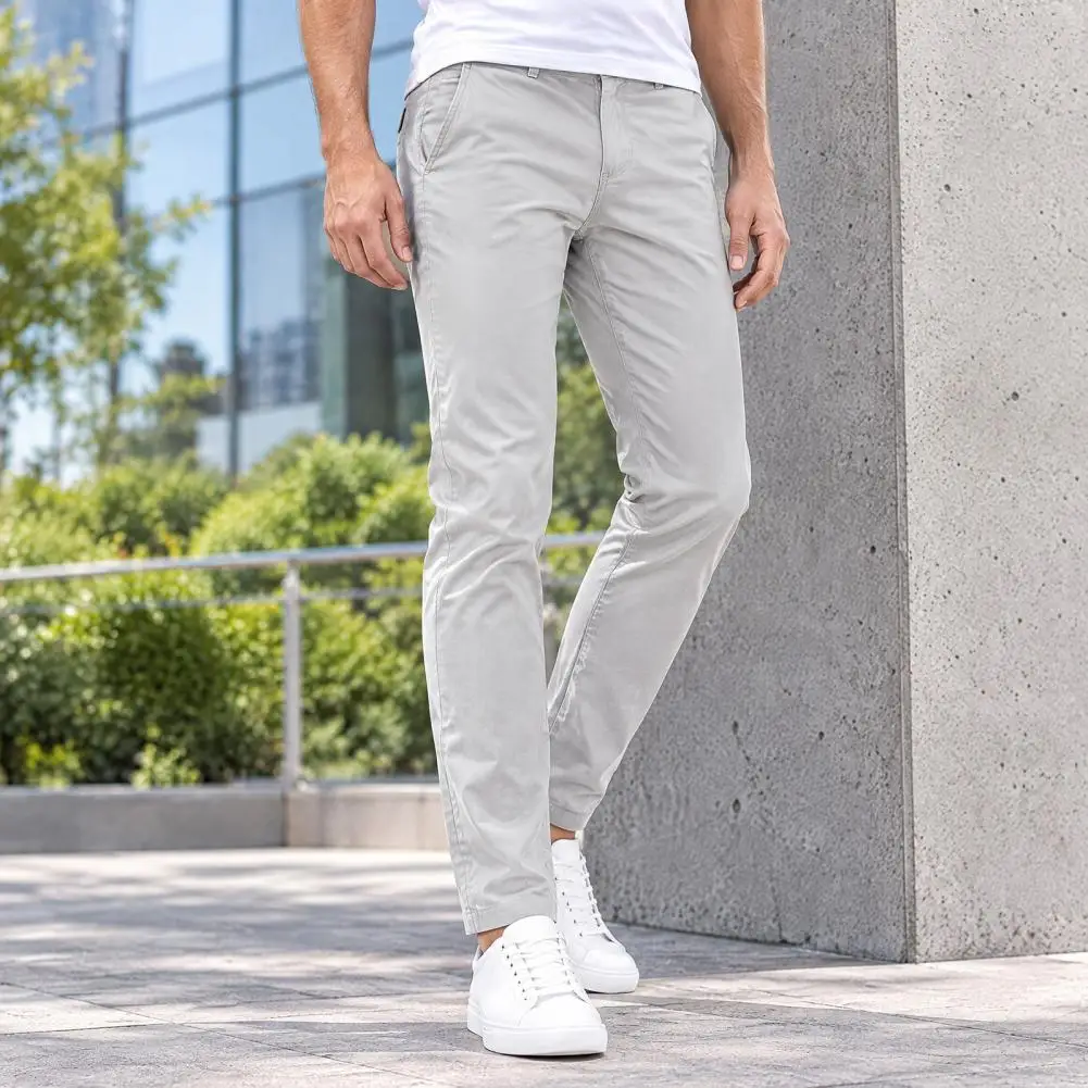 Men Twill Trousers, Slim Fit Stretch Chinos Pants, Solid Color Straight Leg Casual Pants for Office Dating Business Daily Wear
