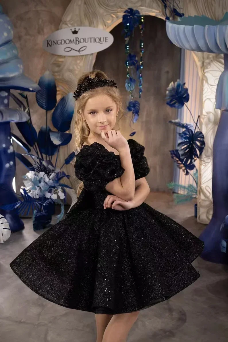 

First Holy Communion Gown Black Flower Girl Dresses for Wedding Sequins Ruffles Knee Length Birthday Gowns for Party Princess