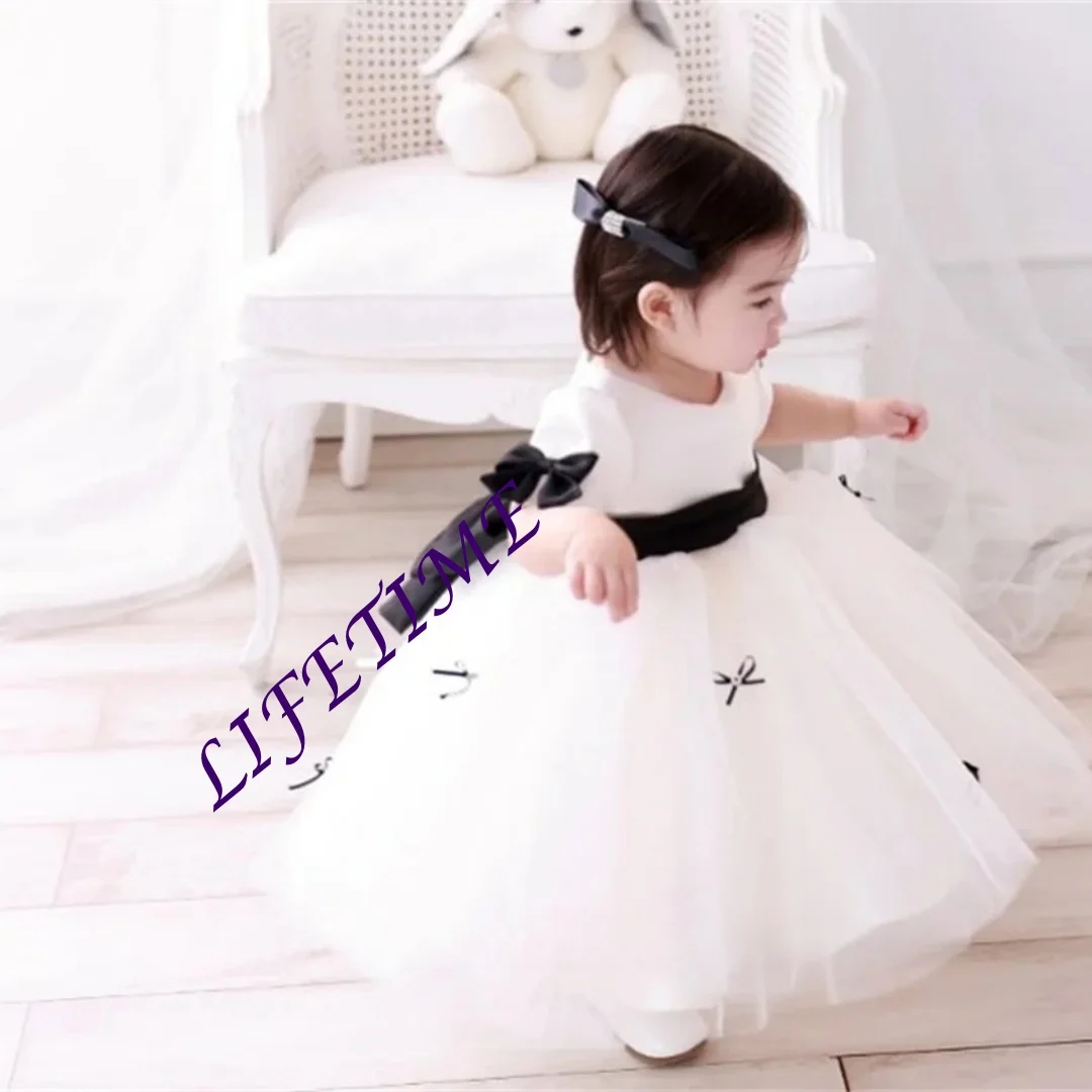 Vestidos de flores para niña, vestido elegante de princesa de tul con lazo y cuello redondo para fiesta de cumpleaños, vestido de primera comunión personalizado