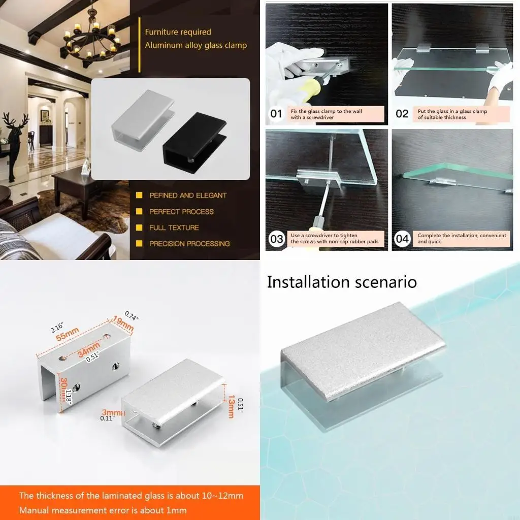  2Pcs Concise Glass Clips Multipurpose Glass Shelf Brackets for Galss Furniture