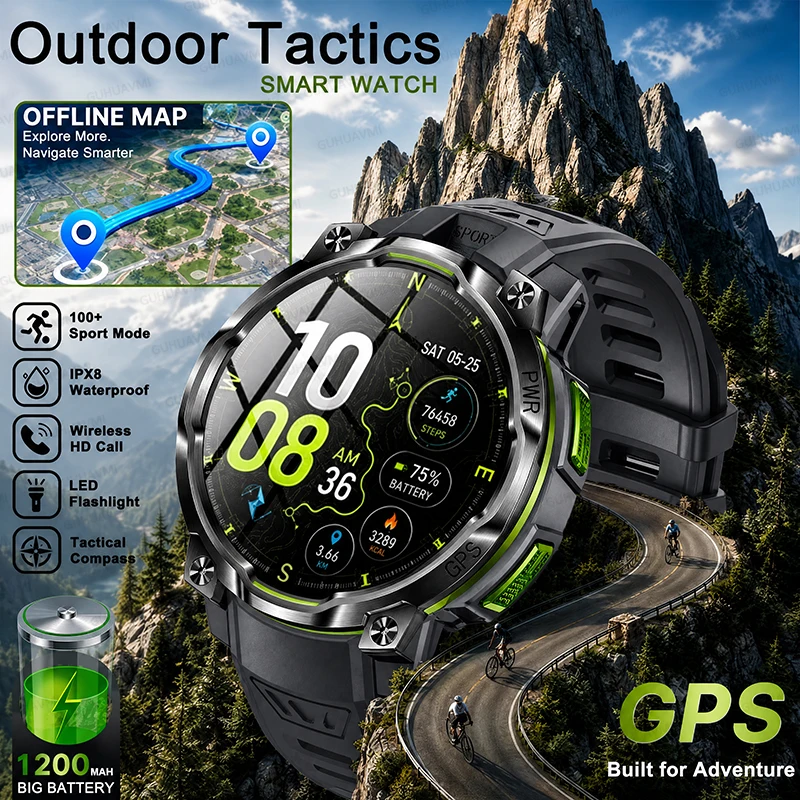 Upgrade New GPS Offline Map Smart Watch 1200mAh AI-GPT IPX8 Waterproof Military Compass Altimeter Flashlight HD Call SportsWatch