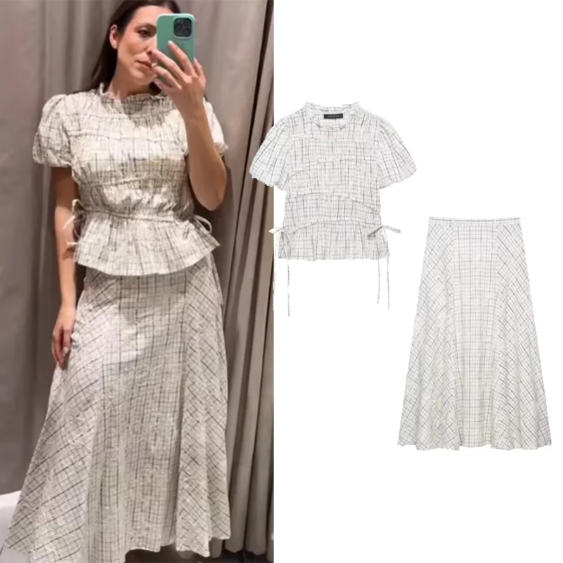 Conjunto de Falda de Cintura Alta para Mujer, Nuevo Conjunto de Dos Piezas con Top a Cuadros con Cuello con Volantes y Falda con Dobladillo Acampanado Bordado, Atuendos de Primavera para Mujer