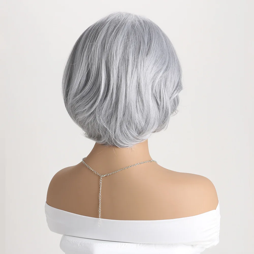 Short Straight Synthetic Silver Gray Wig Slanted Bangs Inner Buckle Hair Wigs For Women Daily Use Party Cosplay Heat Resistant