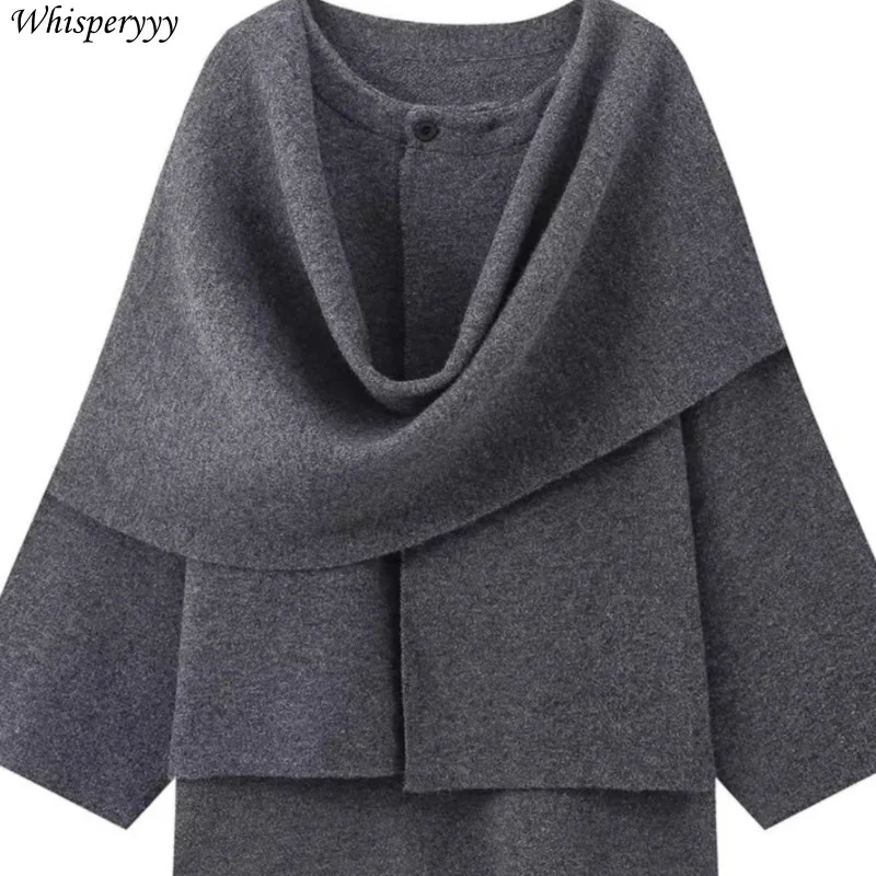 Grey Woolen Coat Poncho Female Autumn Winter New Irregular Fashion Shawl Scarf Cloak Women Design Short Woolen Coat