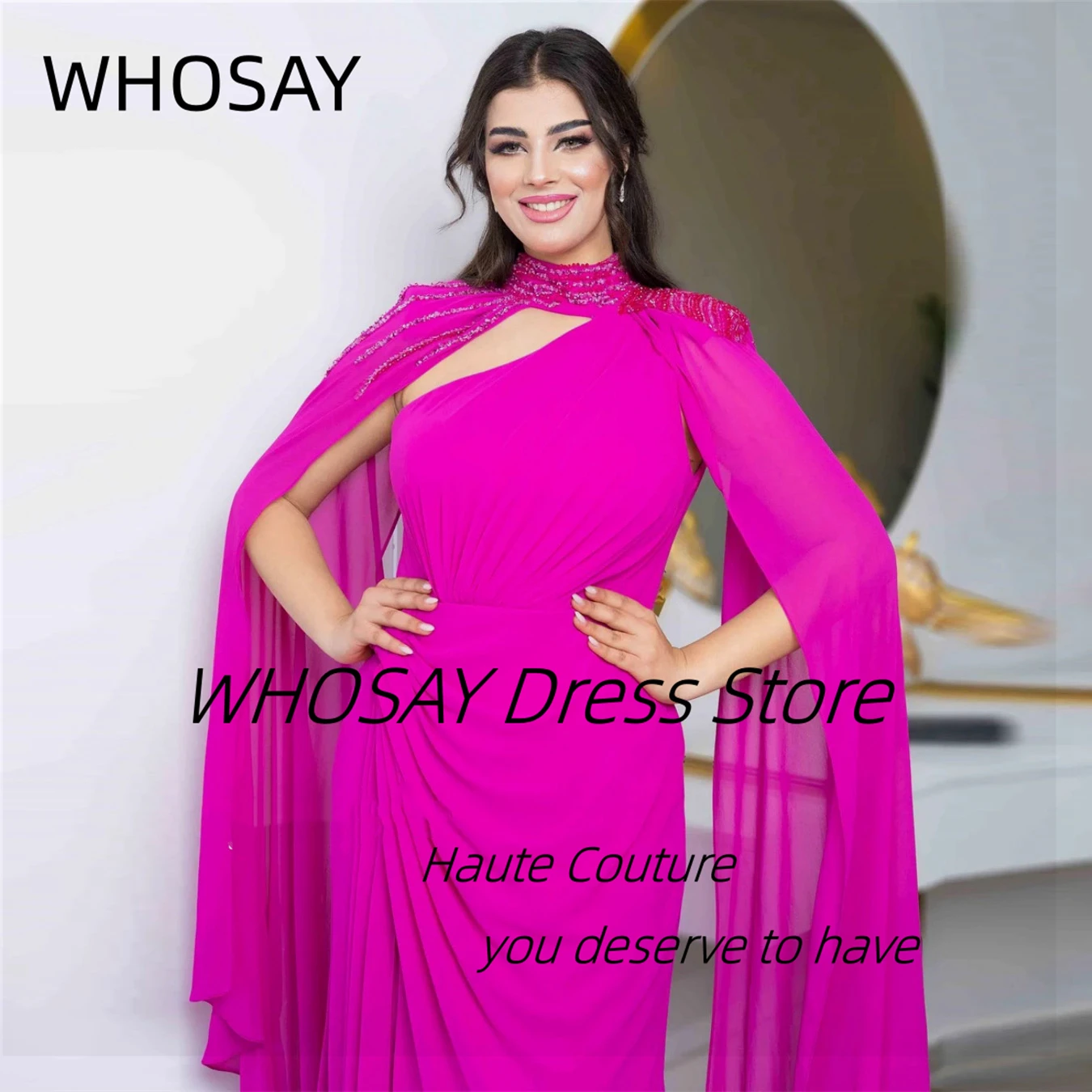 WHOSAY Fushcia Evening Dresses Beading High Collar Flutter Sleeves Prom Dress Ruched Long Elegant Party Gowns Custom Made