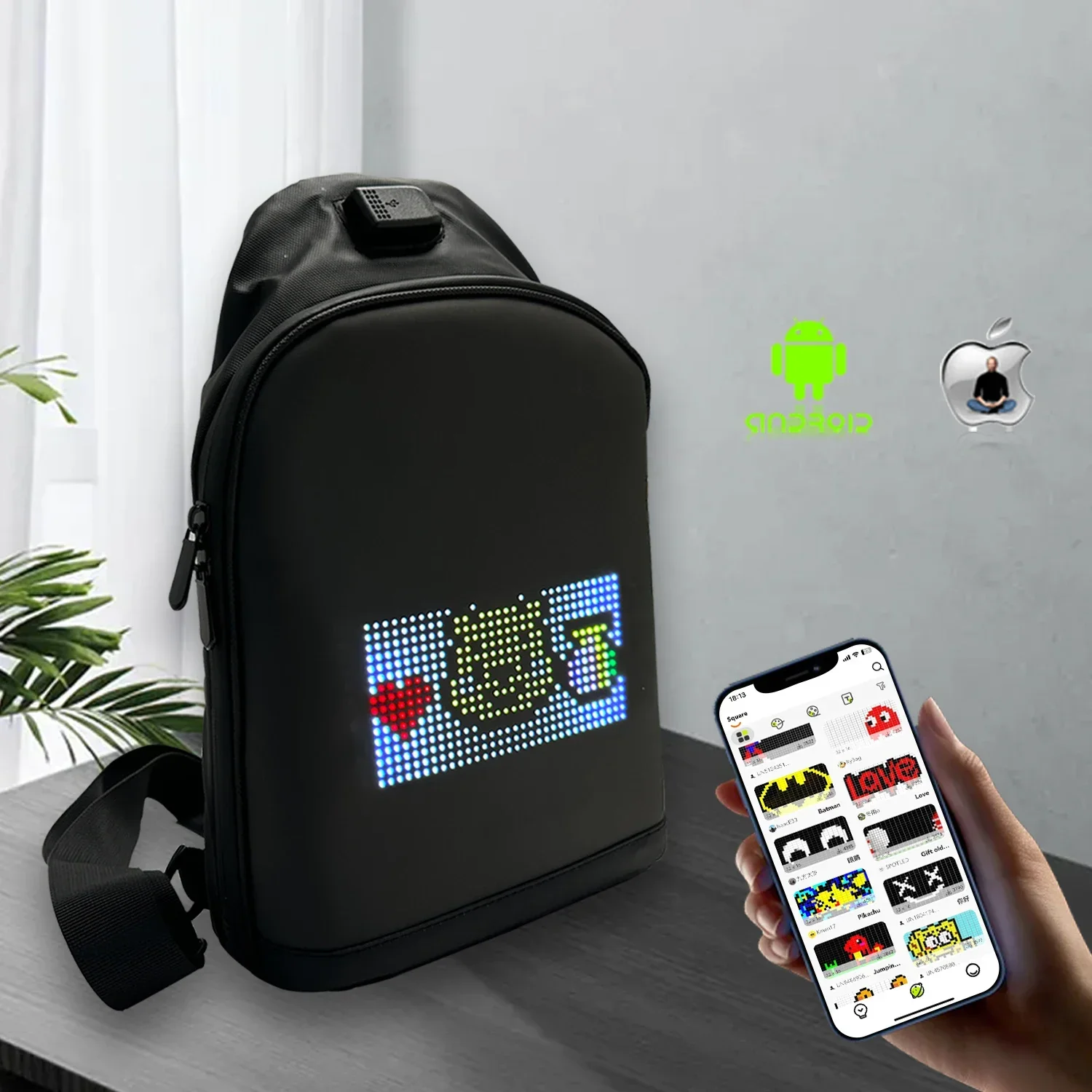 Imagem -05 - Smart App Led Pixel Mochila para Homens e Mulheres Faça Você Mesmo Graffiti Multilíngue Bolsa de Ombro Dinâmica Bolsa Peito Display Led