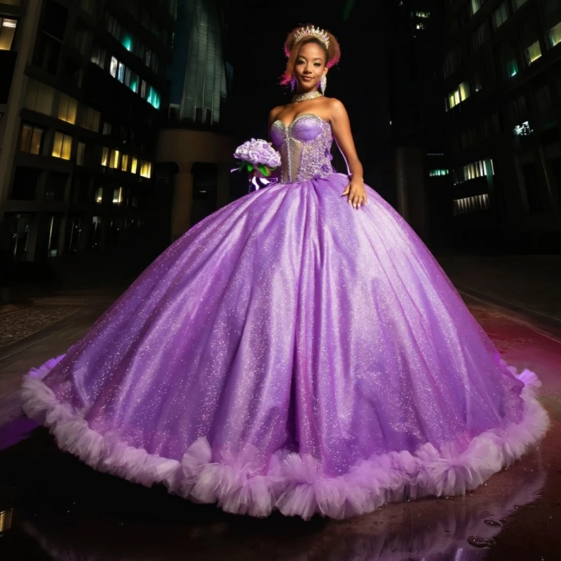 

Purple Shiny Ball Gown Quinceanera Dresses Applique Flower Beading Crystal Tiered Tull Corset Off The Shoulder Sweet 16 Dress