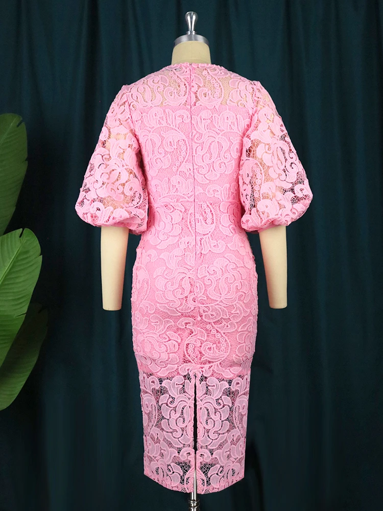 Aomei Pink Lace Dress For Women Lantern Sleeve Elegant Bodycon Charming Evening Occasion Wedding Bridesmaid Slim Gown Large Size