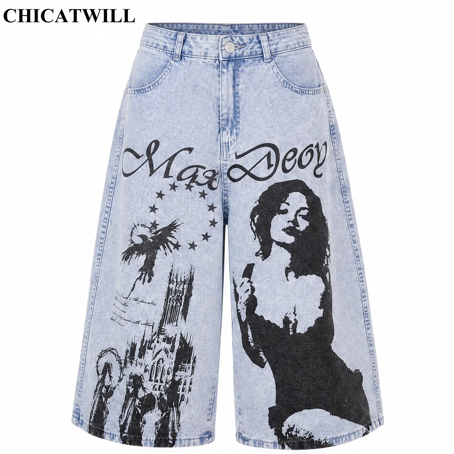 CHIC Denim Jeans Jorts Women Printed Graffiti Style Loose Capri Pants Straight Wide Leg Shorts Boyfriend Fashion Men Jeans