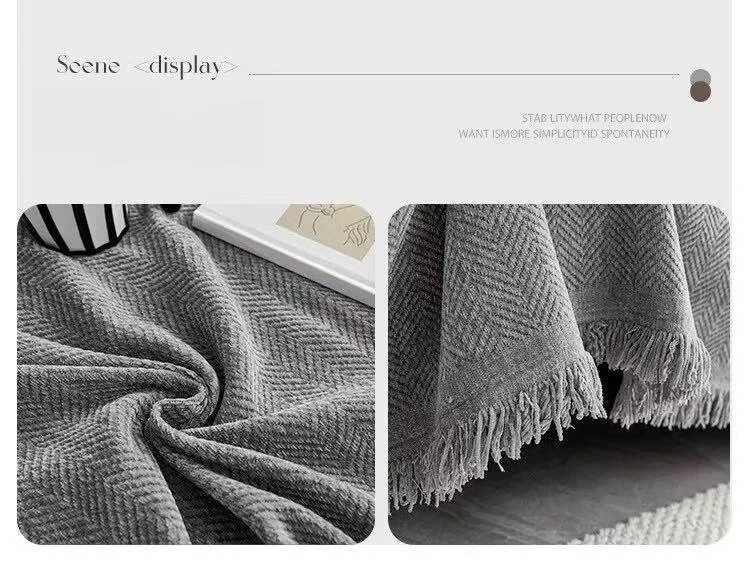 Minimalistisches Chenille-Sofahandtuch im Herribone-Stil mit Quastenrand, Sofabezug, Decke, Heimdekoration, Freizeit, Entspannung, Strandtuch – Detail 8