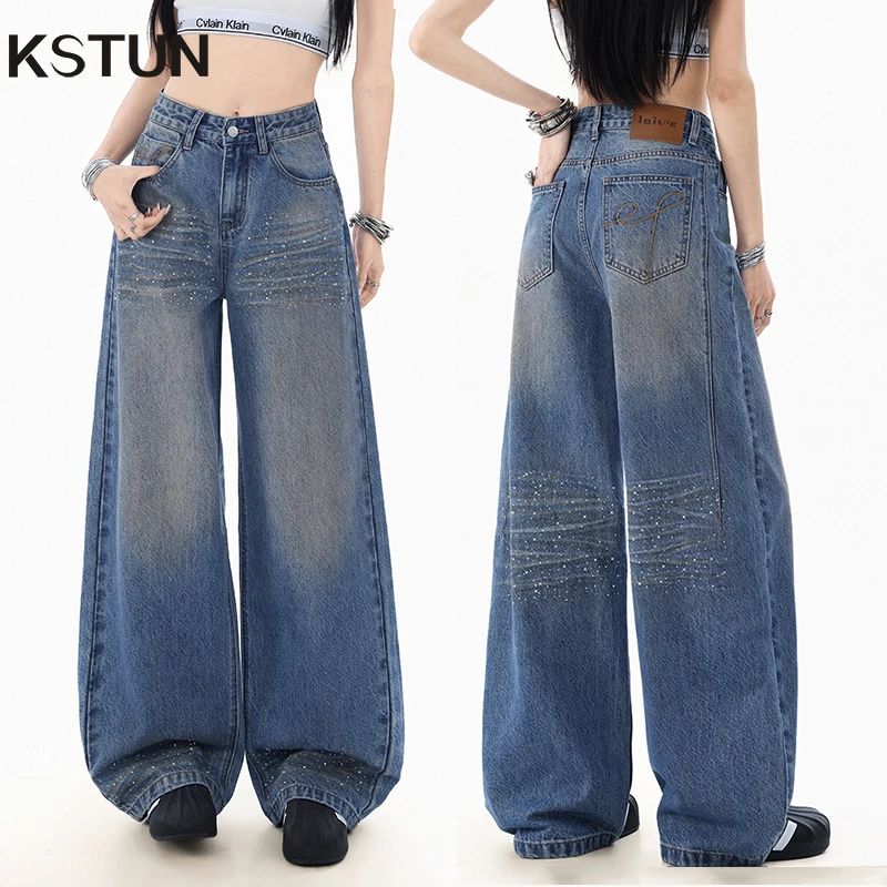 

KSTUN Women's High Waist Wide Leg Jeans Vintage Washed Sparkly Rhinestone Embroidered Pocket Baggy Denim Pants Casual Streetwear