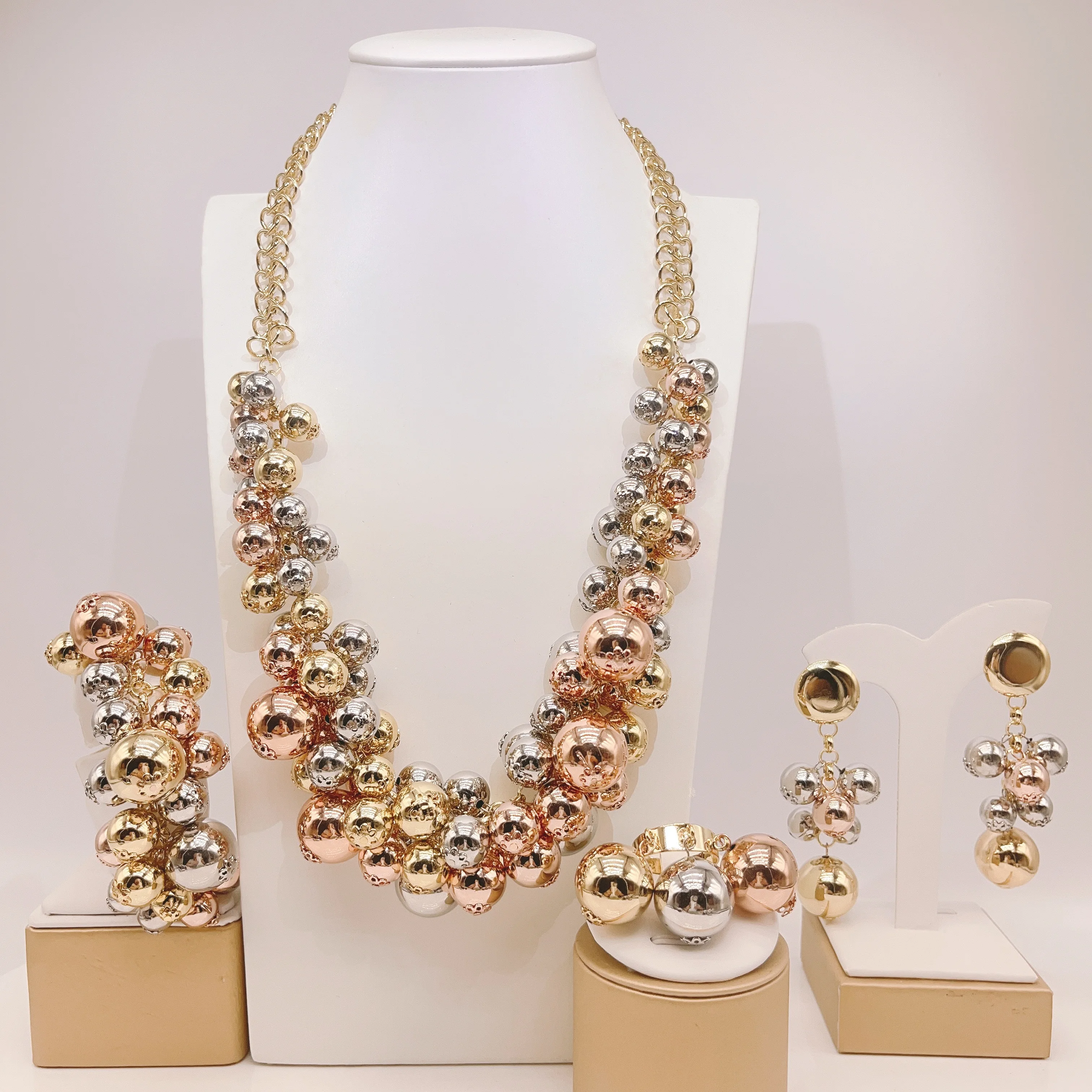 

Multi Triple Color Gold Silver Rosegold Brazilian Jewelry Collar Brazalete Aretes Anillo Fine Charm 4PC Set Free Shipping H50052