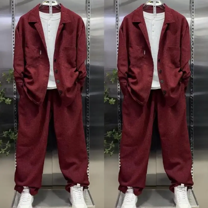 Immagine 4: Completo da Uomo con Camicia a Colletto e Pantaloni Larghi a Gamba Dritta, 2 Pezzi, Outfit Casual alla Moda per Uso Quotidiano