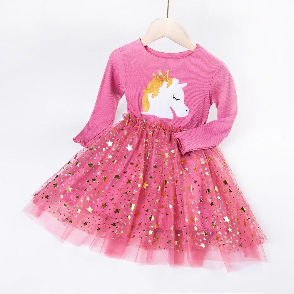 New Year\'s Party Dress For Girls Knitted Sequins Star Unicorn Pony Dress Long Sleeve Baby Kids Autumn Birthday Princess Vestidos