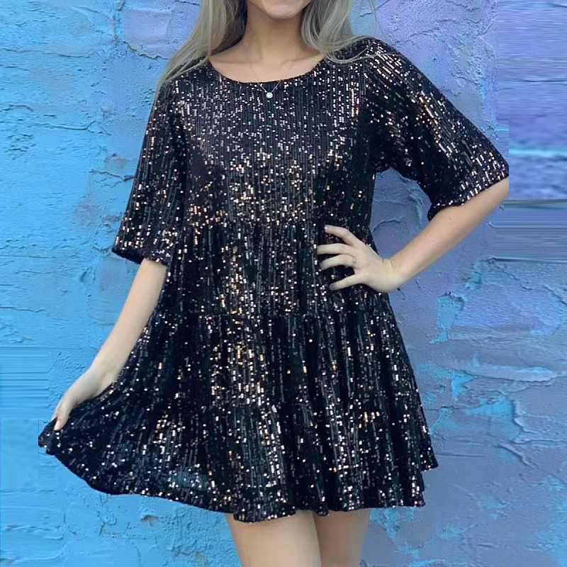 Lady All-Match Short Sleeve A-Line Dress Spring Summer Loose Oversized Sequins Dress Women Fashion O-Neck Pleated Hem Mini Dress