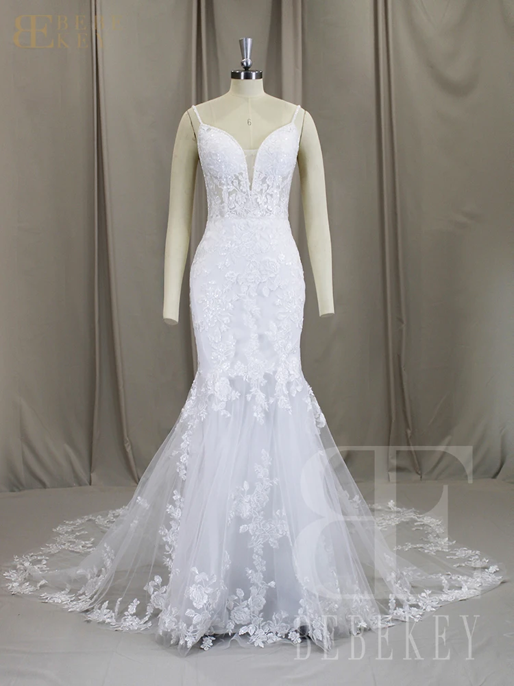 BEBEKEY Robe de mariée de luxe personnalisée bretelles Spaghetti Robe de soirée de mariage sirène dos nu robes de mariée robes formelles Robe