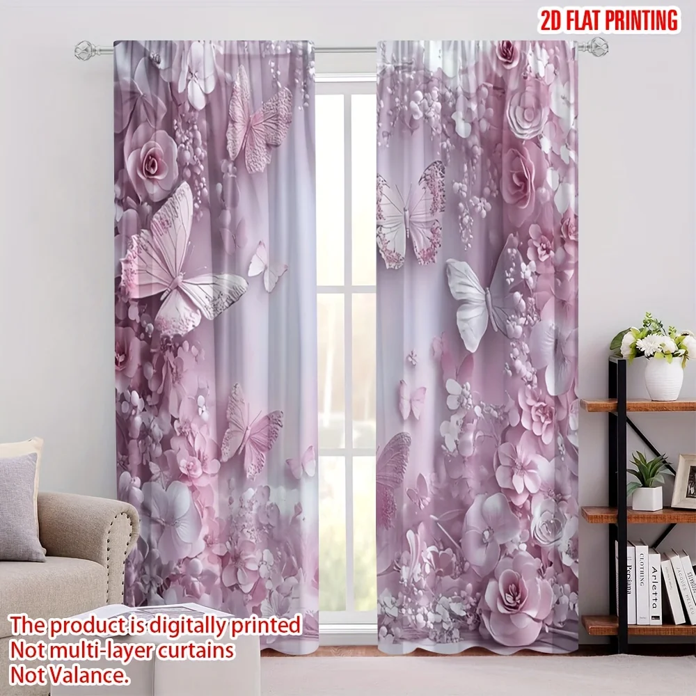 2 Pcs 2D Butterfly & Pink Daisy Sheer Curtains – Spring Party & Holiday Decor for Home