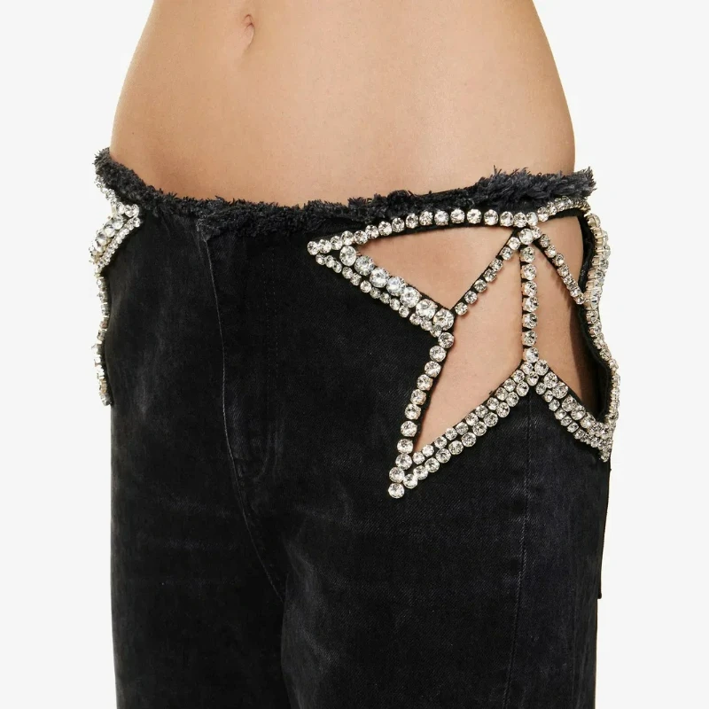 Y2K Women Black Wide Leg Jeans Rhinestone Cutout Frayed Waist Party Clubwear Denim Trousers Aesthetic Trendy 2026 Fashion Pants