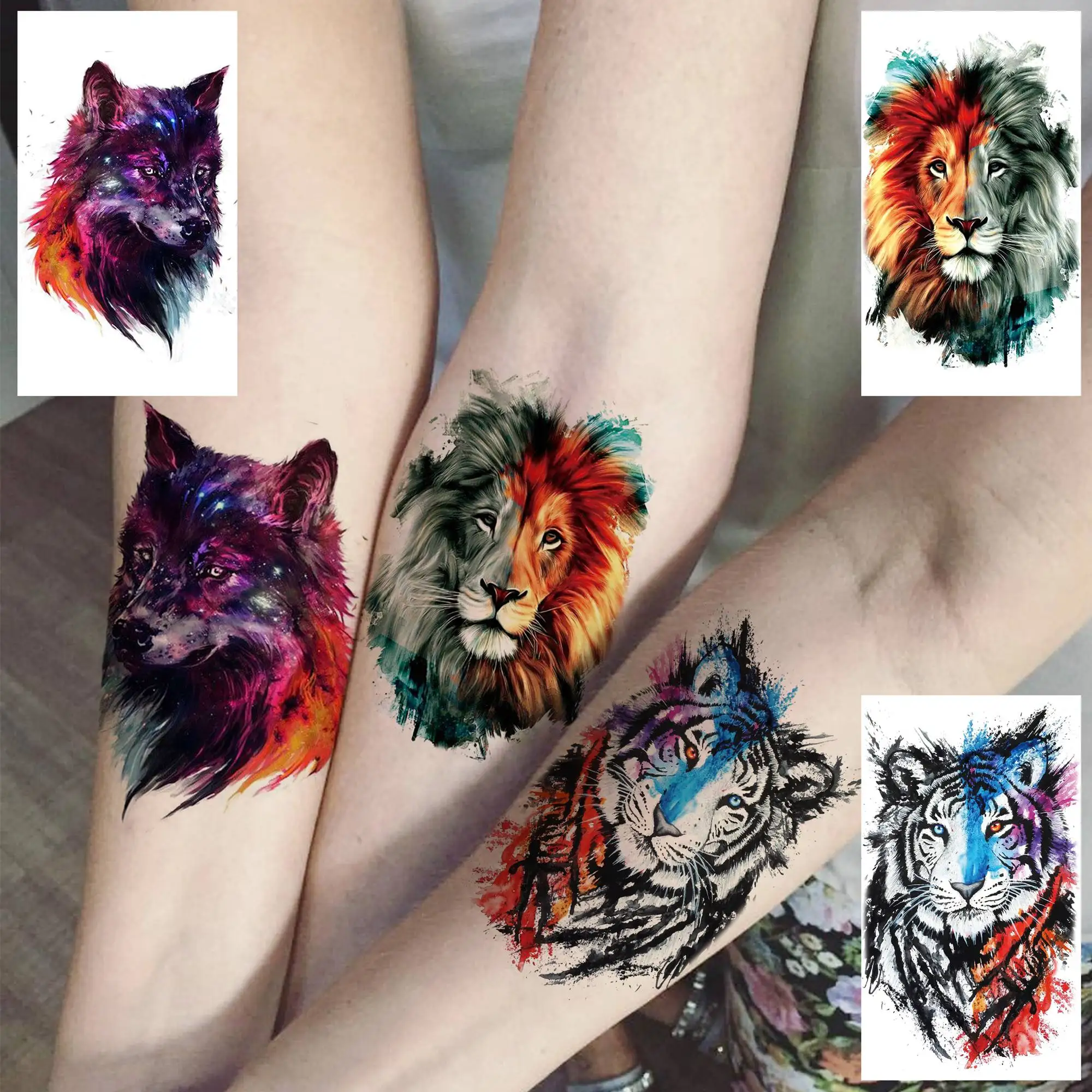 Tatuajes temporales de animales de acuarela para adultos, tatuaje falso de manos y brazos, pegatina Flash, León, lobo, tigre, pintura, 15 hojas