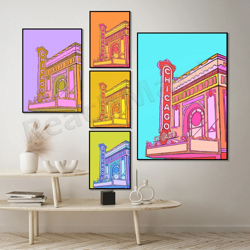 minimalist wall art, chicago theater prints, chicago travel poster, colorful wall art, dorm room decor, art work in illinois