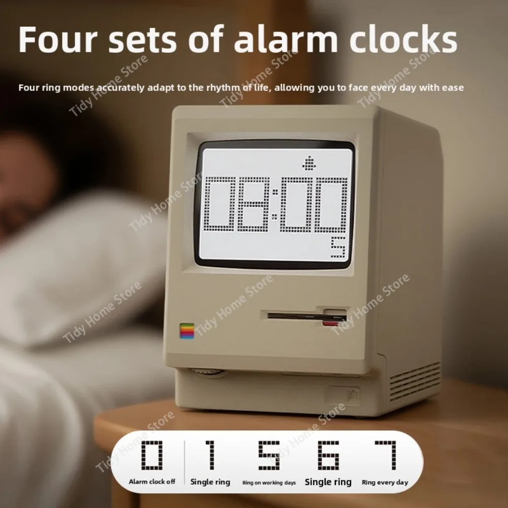 Vintage Macintosh Alarm Clock Night Light - USB Desktop Clock, Desk Decoration, Bedroom Bedside Electronic Clock for Students