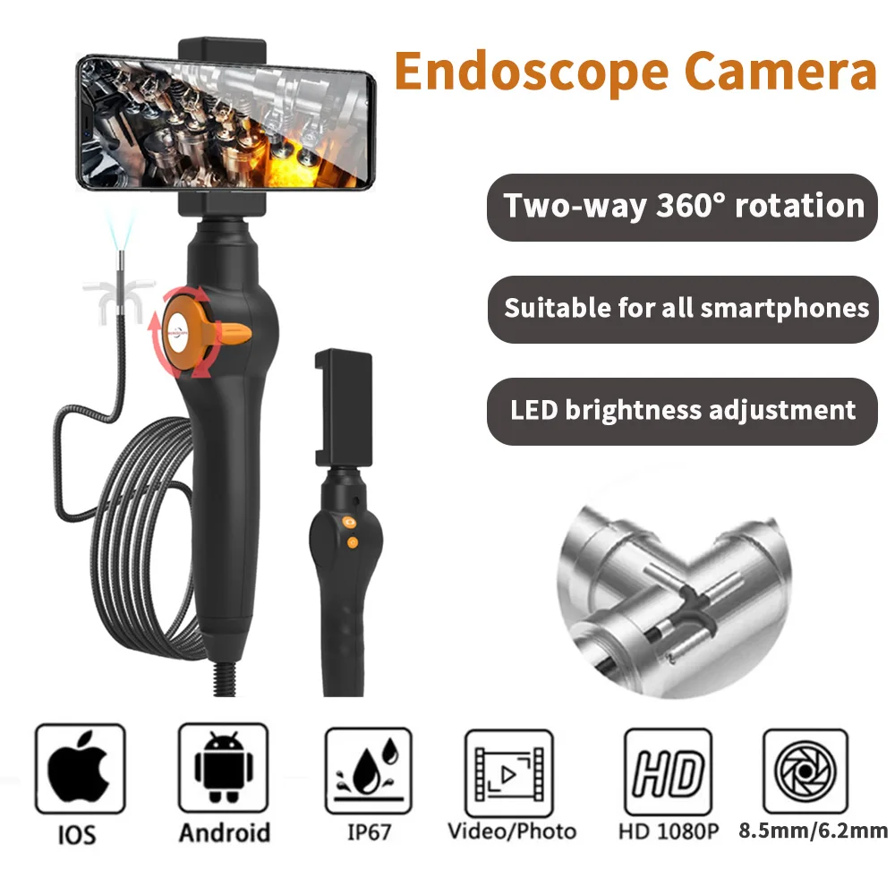 Two-Way Industrial Piping Endoscope Camera for Smartphone Type-C Android IOS Inspection Camera Endoscopic Rotary 360 8.5mm/6.2mm