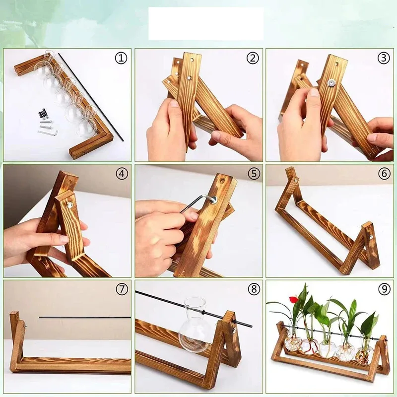 Living Room & Office Desktop Decoration - Creative Wooden Frame Hydroponic Glass Vase, Modern Ornament for Green Radishes