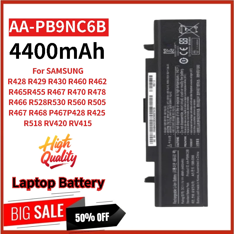 New High Quality AA-PB9NC6B Laptop Battery 11.1V 4400mAh for SAMSUNG R505 R528 R530 R428 R429 R430 R468 R560 Replacement Battery