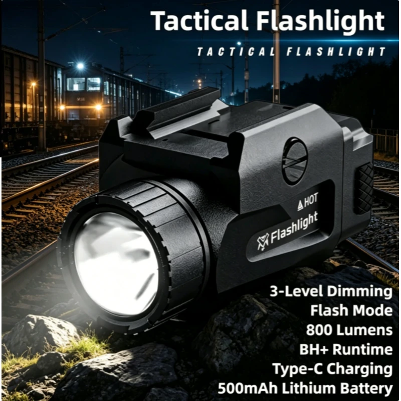 

Portable Tactical LED Light 800LM, 4 Mode Adjustable Brightness, USB Rechargeable Quick Release Picatinny Rail Accessory