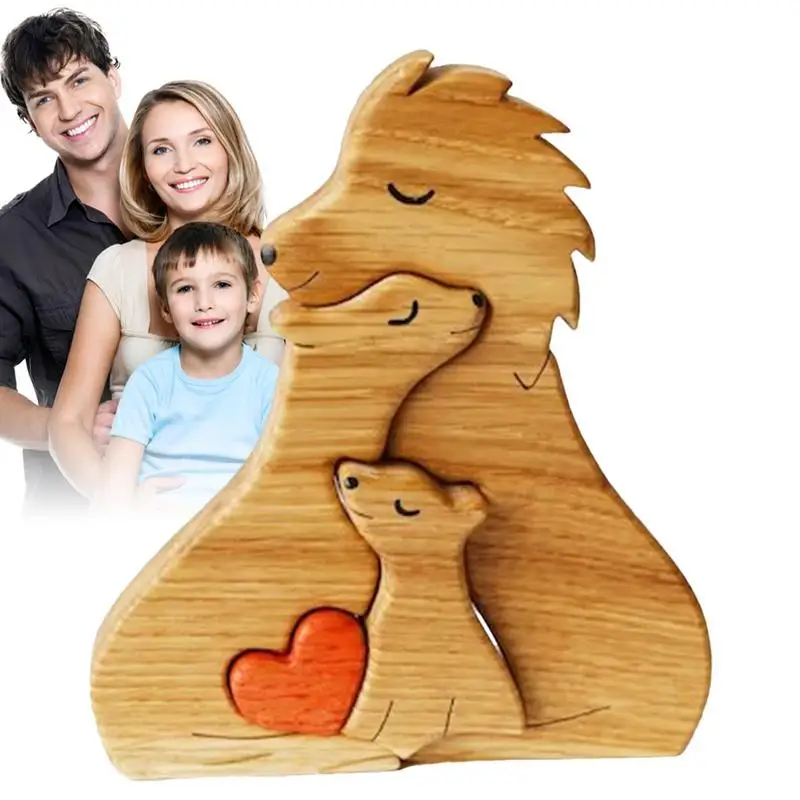 Wooden lion Family Statue Family Art Puzzle Desktop Ornament Wood Family Heart Puzzle Home Decoration Commemorative Gift