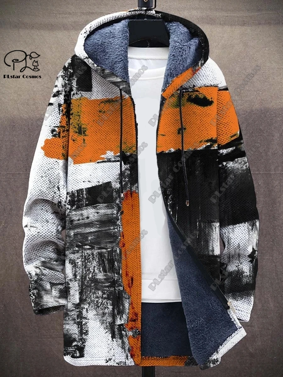 New 3D printing retro abstract art multi-color winter hooded zipper coat men's women's fleece universal casual warm jacket D-17