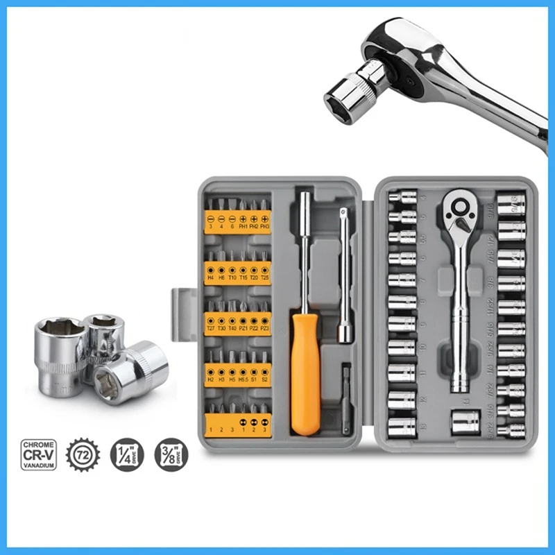 57Pcs Socket Wrench Auto Repair Tool Set Batch Ratchet Wrench Repair Tool Multi-Function Toolbox Hardware Tools Easy Install