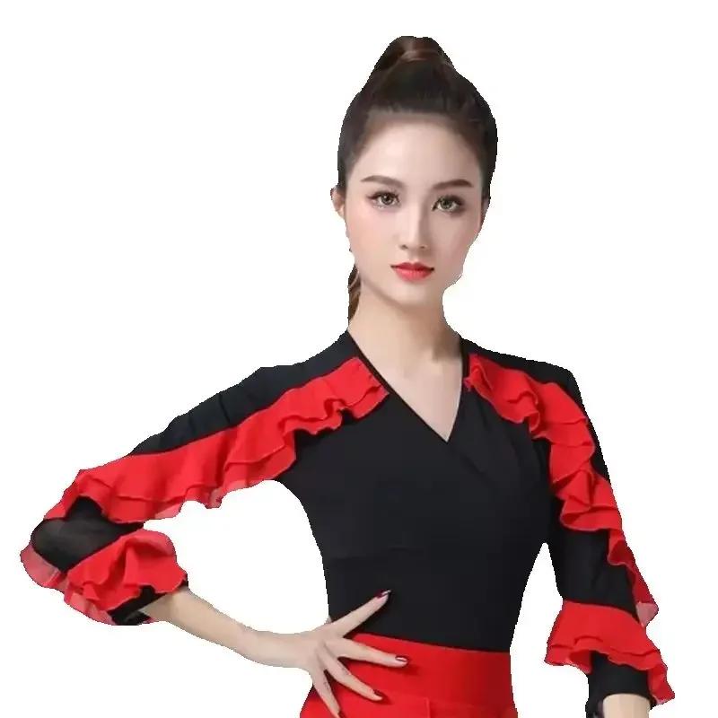 Damskie stroje taneczne Latin V Neck Tops Line Dance Costume Nowy produkt Topy z długim rękawem do tańca towarzyskiego Waltz Professional Competition Samba
