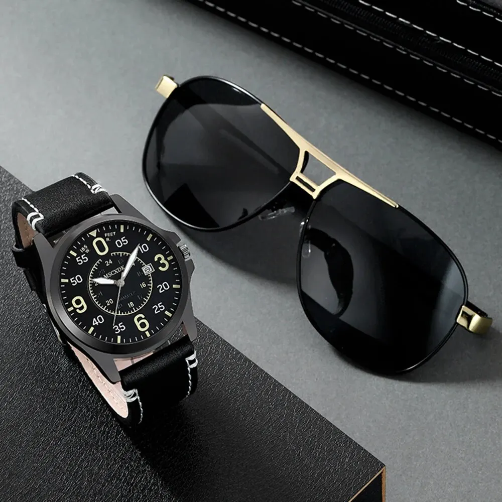 Mens Business Sports Watches Glasses Set For Men Military Quartz Wrist Watch Classic Male Casual Leather Watch Reloj Hombre