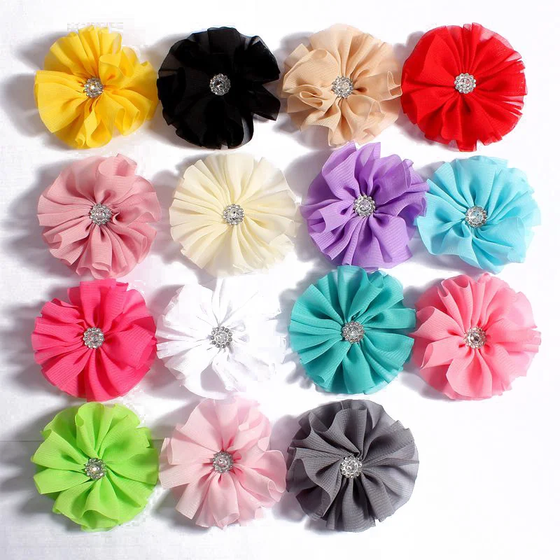 120pcs/lot 6.5cm 15colors Newborn Chic Chiffon Flowers With Rhinestone Center Soft Ballerina Fabric Flowers For Kids Headbands