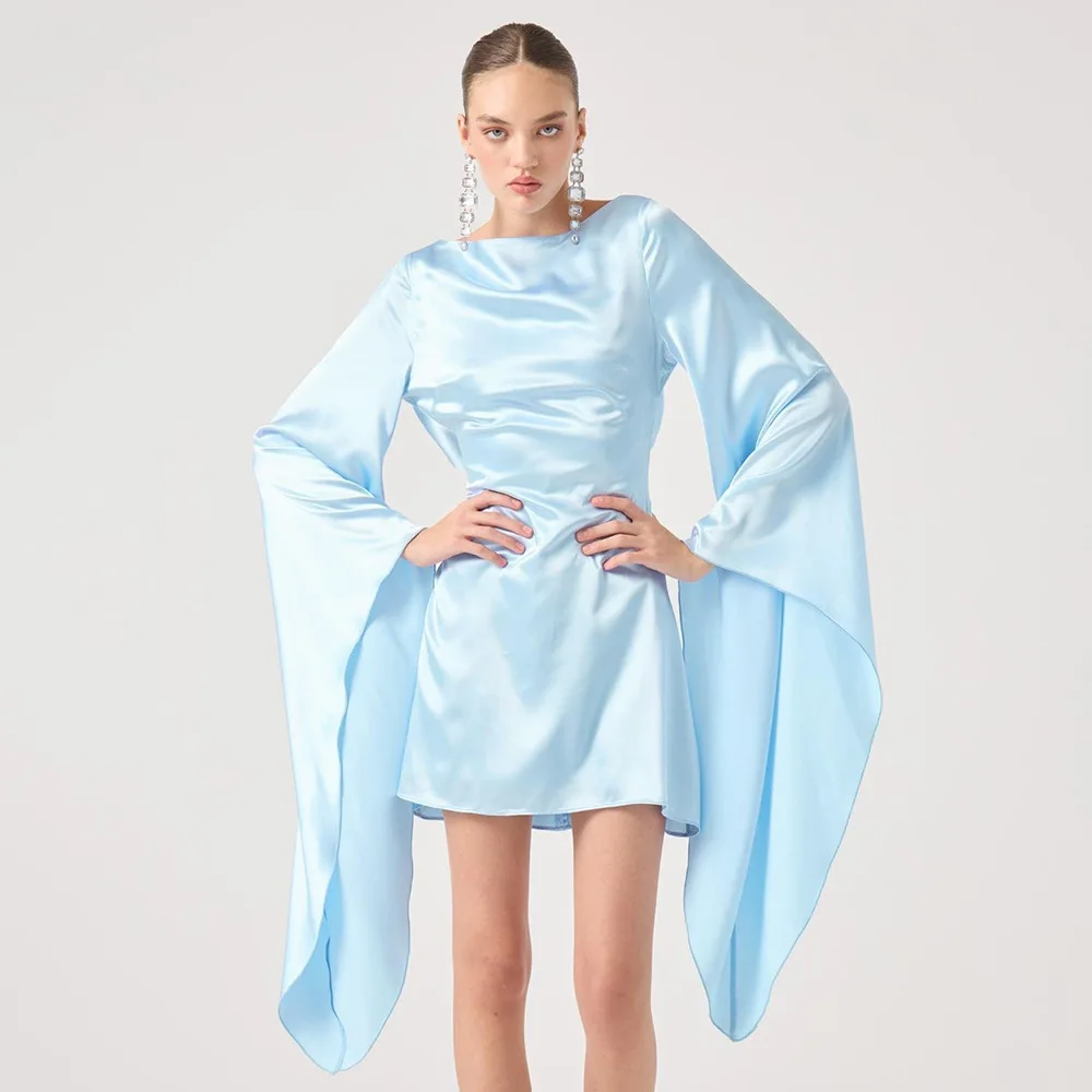 فستان قصير مناسب لخريف وشتاء 2025 من الساتان بدون ظهر للنساء بلون سادة وربطة عنق على شكل حرف U وأكمام تشبه جناح الخفّاش أنيق ومثير للحفلات #1