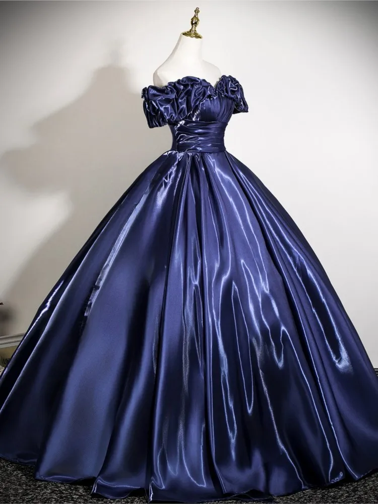 One-shoulder style music student art examination Puffy host water light satin arm-covering dress