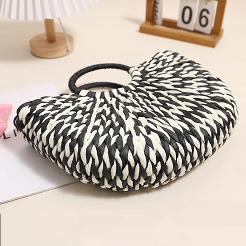 

Women Straw Tote Handbag Large Capacity Casual Travel Tote Bag Color Clash Semi-Circle Woven Bag Summer Beach Handbag