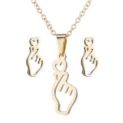 Korean Stainless Steel Jewelry Sets Fashion Finger Heart Gesture Pendants Necklaces for Women Men Stud Earrings Collier Femme