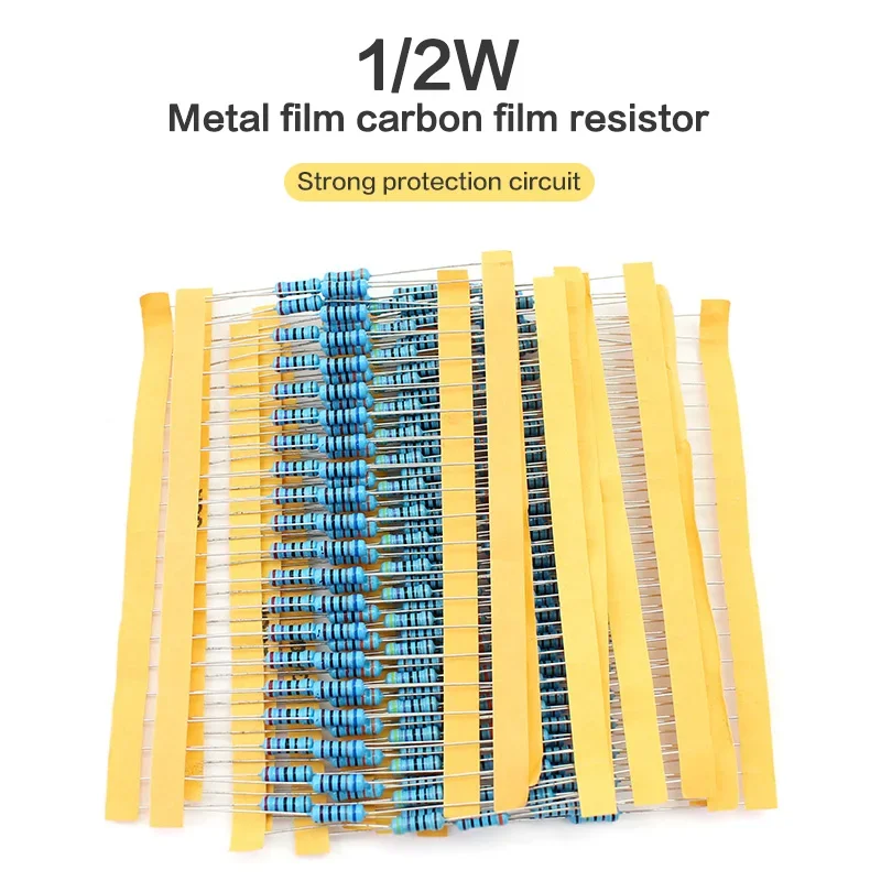 50pcs Metal Film Resistor 0.5 Watt Resistors 1/2W 1% 1R~510R ohms-1R 2R 3R 5R1 7R5 51R 910R 2K7 15K 27K 30K 36K 47K 51K 62K 82K