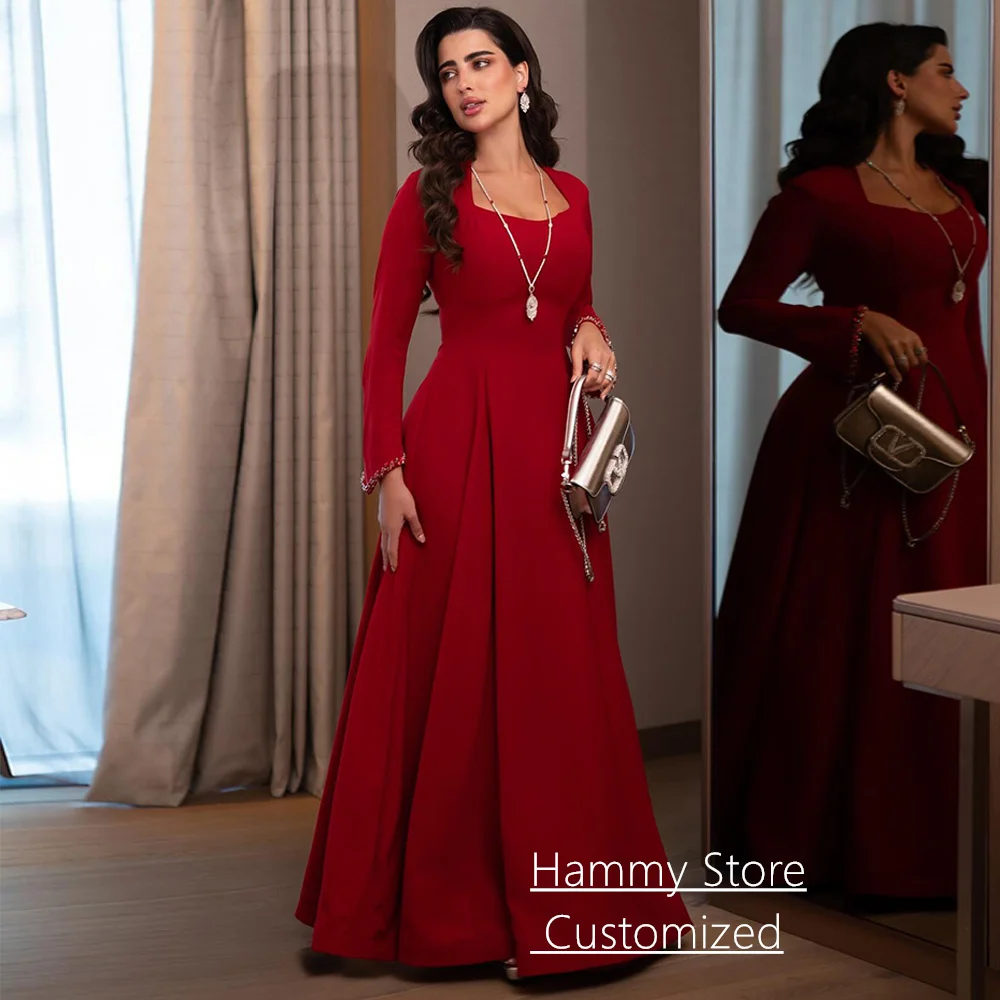 

Customized A Line Evening Dress Simple Square Neck Long Sleeves Beading Stones Saudi Arabic Formal Prom Gown Party Dresses